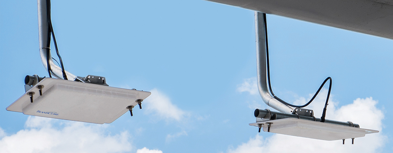 Two TransCore readers mounted from a cantilever